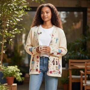 Christina Rotelli Whimsical Girls Shopping Fashion Cardigan Sweater Ladies Med